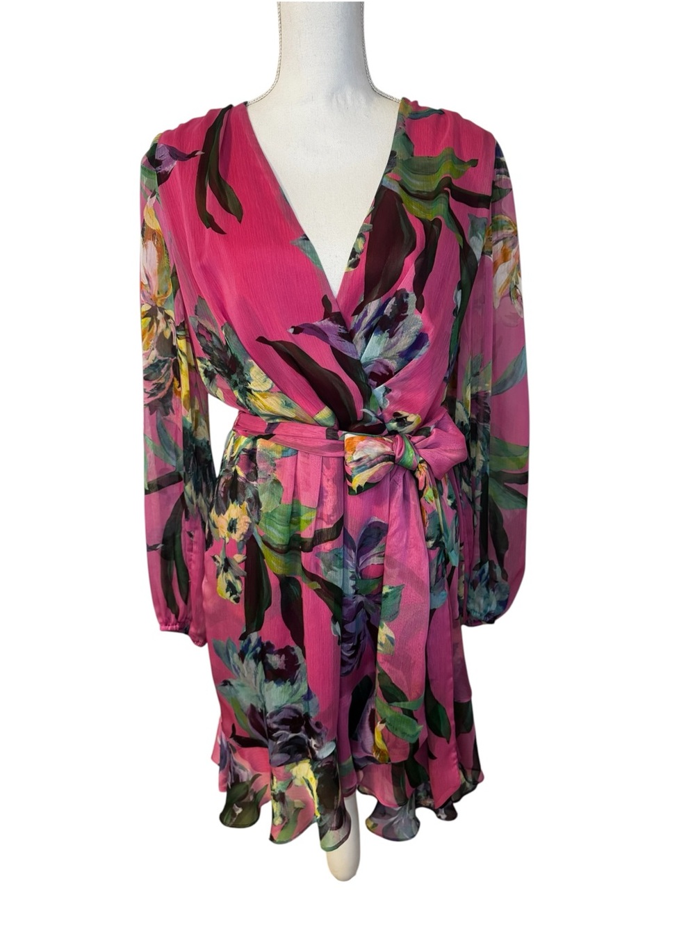 Alex Marie Fuchsia Pink Floral Long Sleeve Wrap Style Dress Size 12
